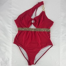 Plus Size Red One-Shoulder Swimsuit with Gold Accents