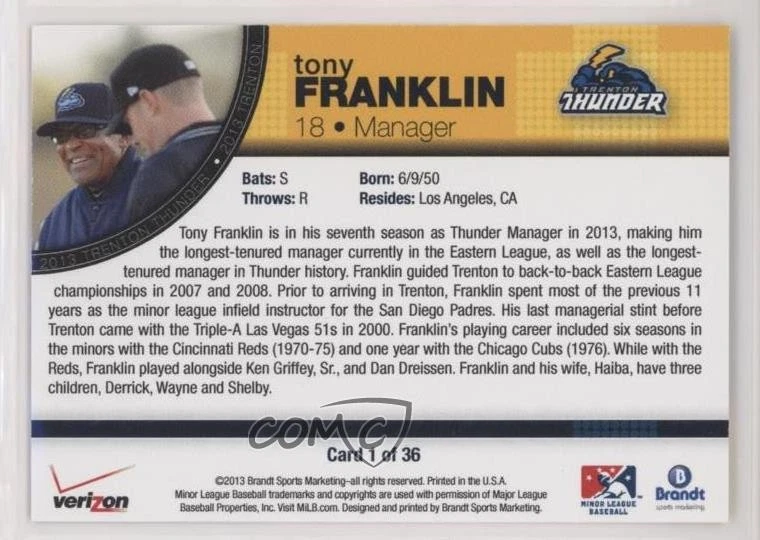2013 Brandt Verizon Trenton Thunder Tony Franklin #1 - Image 2 of 2