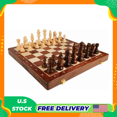 15'' Walnut Chess Set with Storage Board for Adults & Children, 2 Players