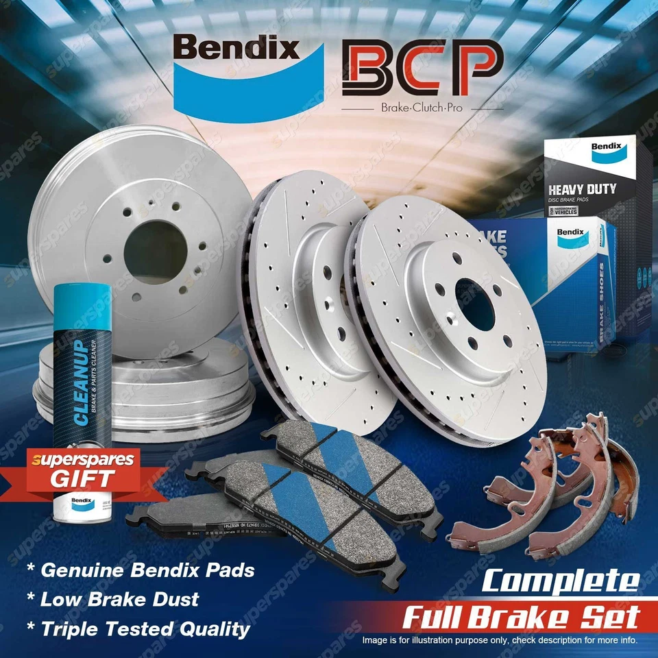 F+R Slotted Brake Rotors Drums Bendix Pads Shoes for Mitsubishi Triton ML MN 151