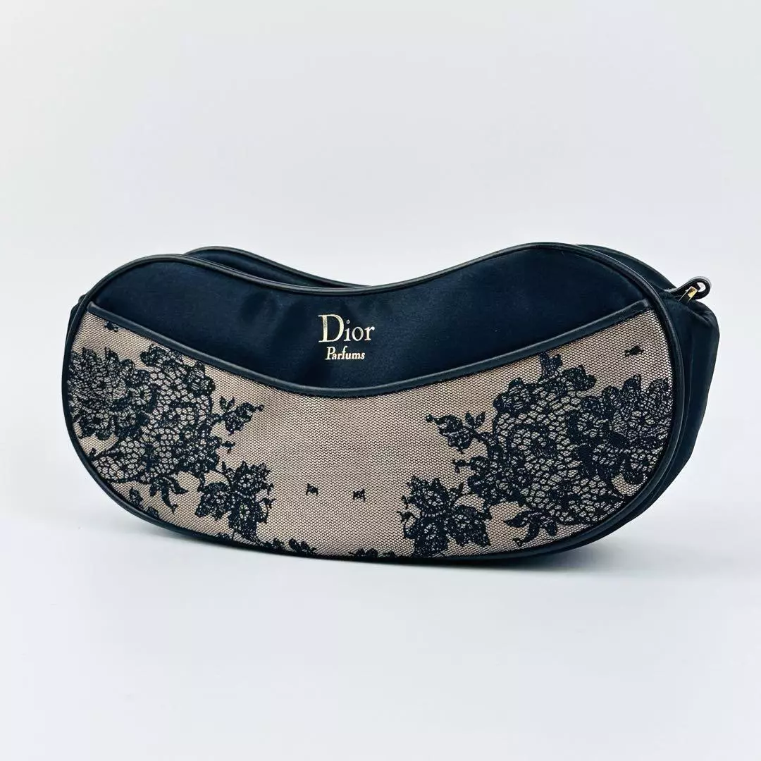 Mini sac Dior élégant pochette noir/beige motif dentelle avec poignée