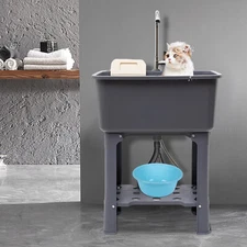 Laundry Sink Utility Sink Plastic w/ 360�� Rotatable Faucet+Storage Shelf Gray