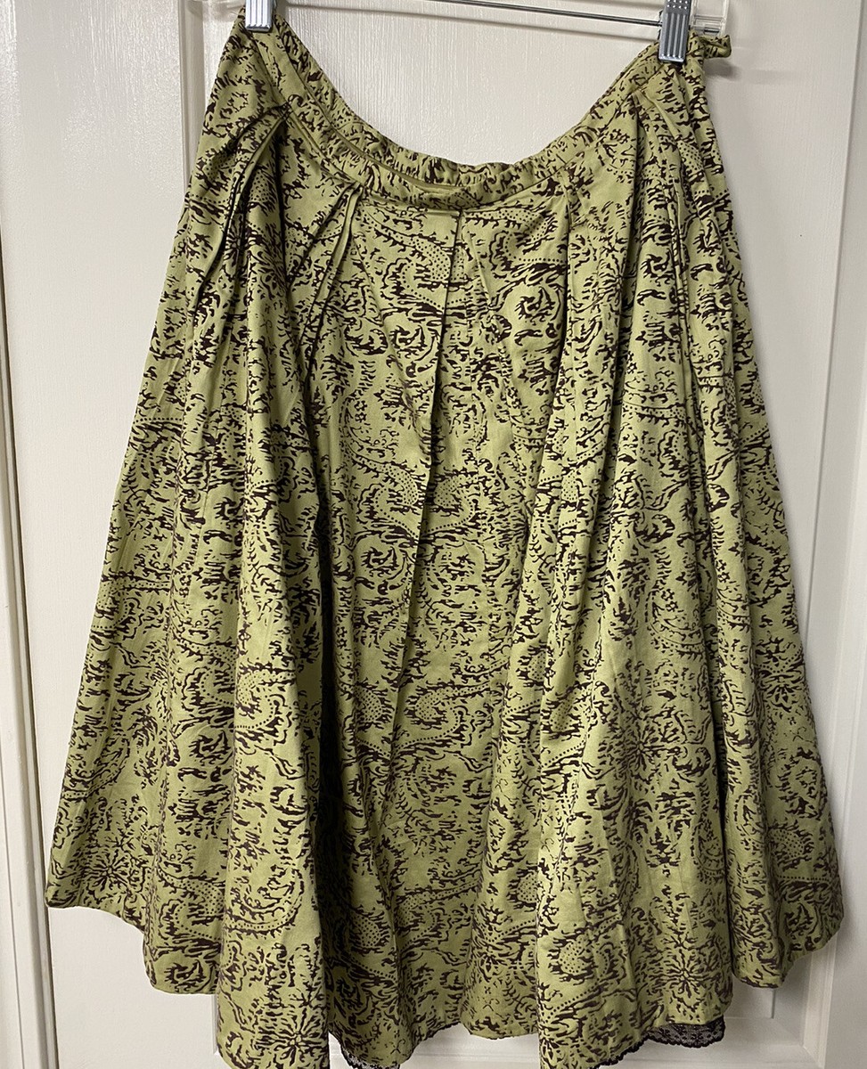 Odille Anthropologie Full Pleated Circle Skirt Green Brown Velvet