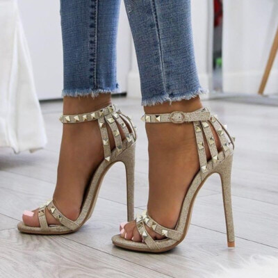 Women Open Toe High Heels Ankle Strap Gold Rivets Shoes
