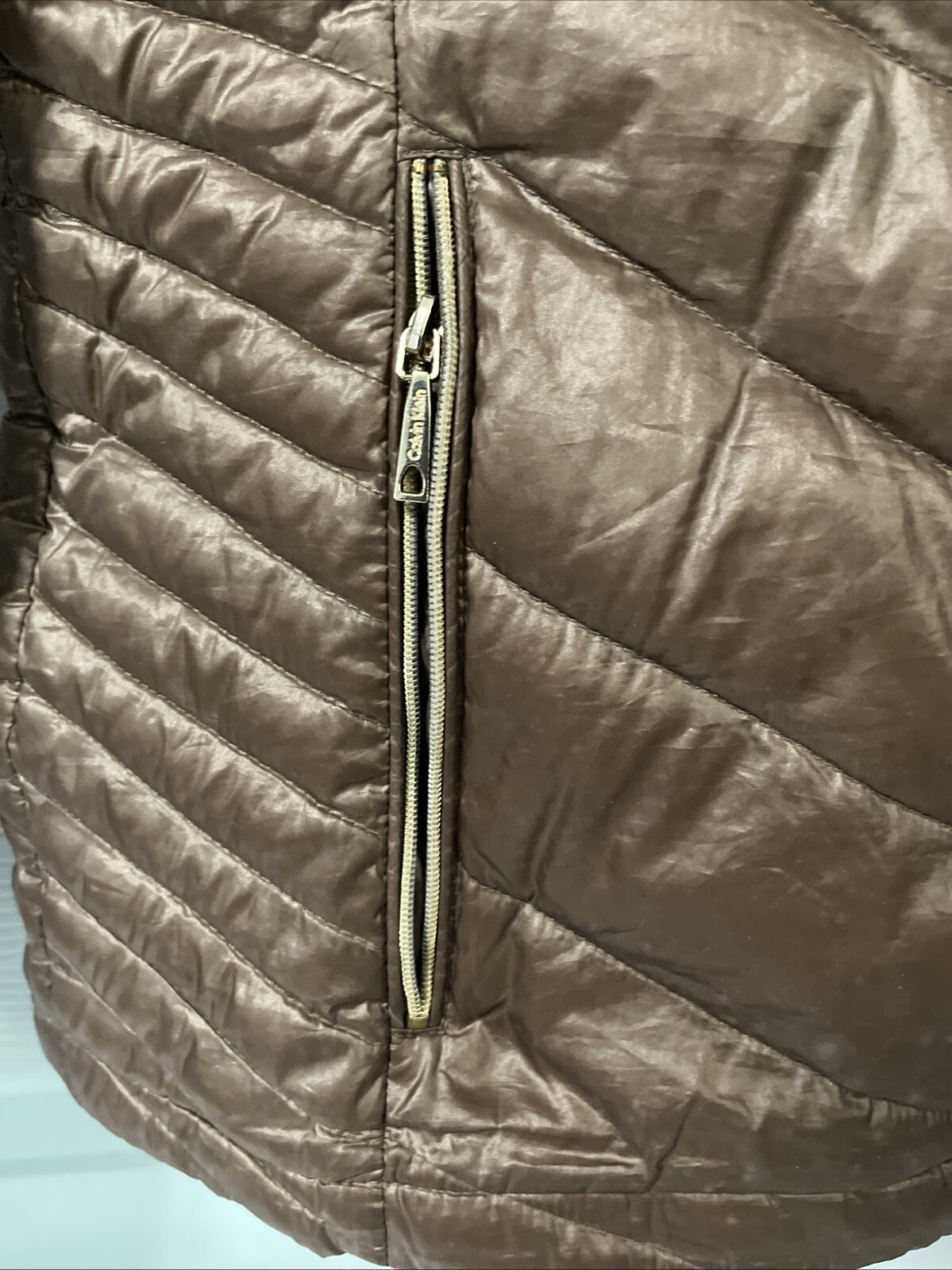 Calvin Klein Packable Lightweight Premium Down Women’s Hooded Jacket Sz. S Brown thumbnail 5