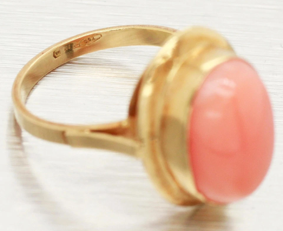 Anillo de cóctel ovalado coral piel de ángel vintage - oro amarillo de 18 k - talla 5,75 Foto 3 de 4