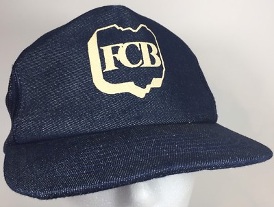 FCB First Commercial Bank Trucker Baseball Hat Blue Denim 90s Vintage Retro Cap
