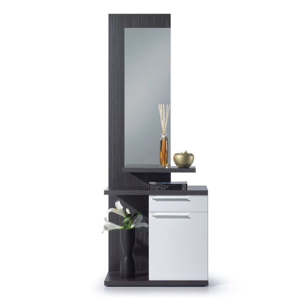 Recibidor con espejo mueble entrada, vestibulo moderno, Blanco Brillo y Ceniza