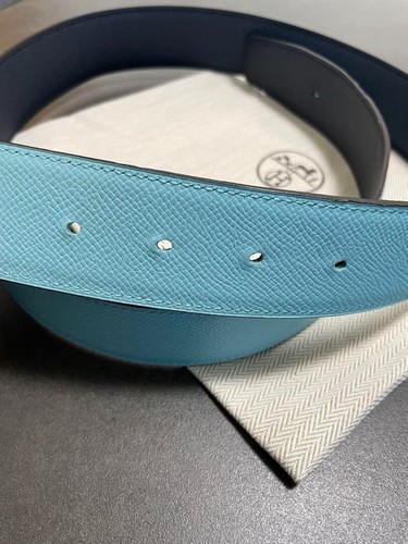 HERMES Leather Reversible Belt D Stamp Blue Navy from Japan Used 38mm 90 - Picture 2 of 6