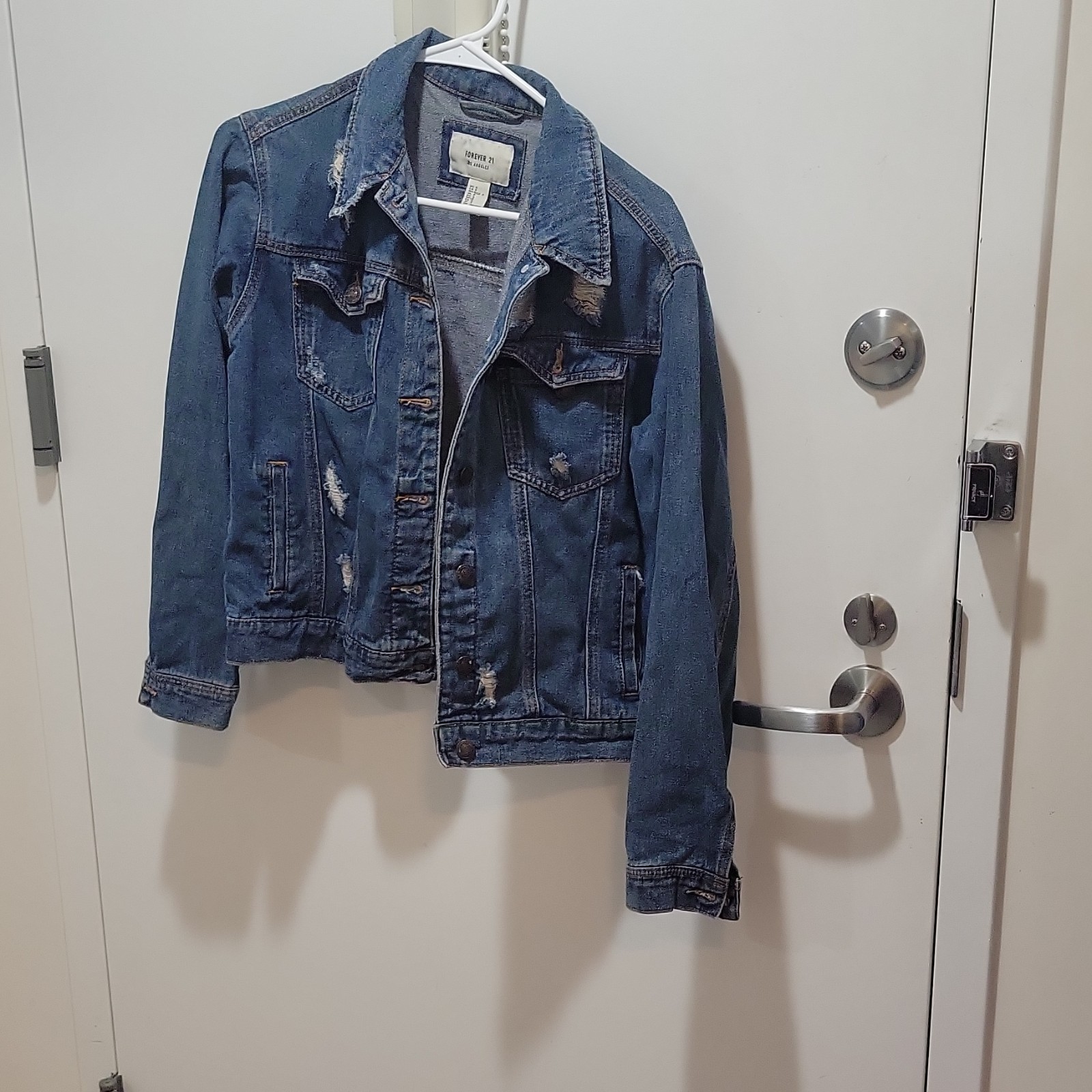 FOREVER 21 Blue Distressed Button Short Jean Jacket Women's 