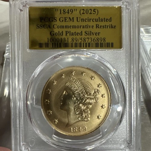 "1849" 2025 Morgan Silver Dollar SSCA Restrike Gold Plated Silver - PCGS GEM
