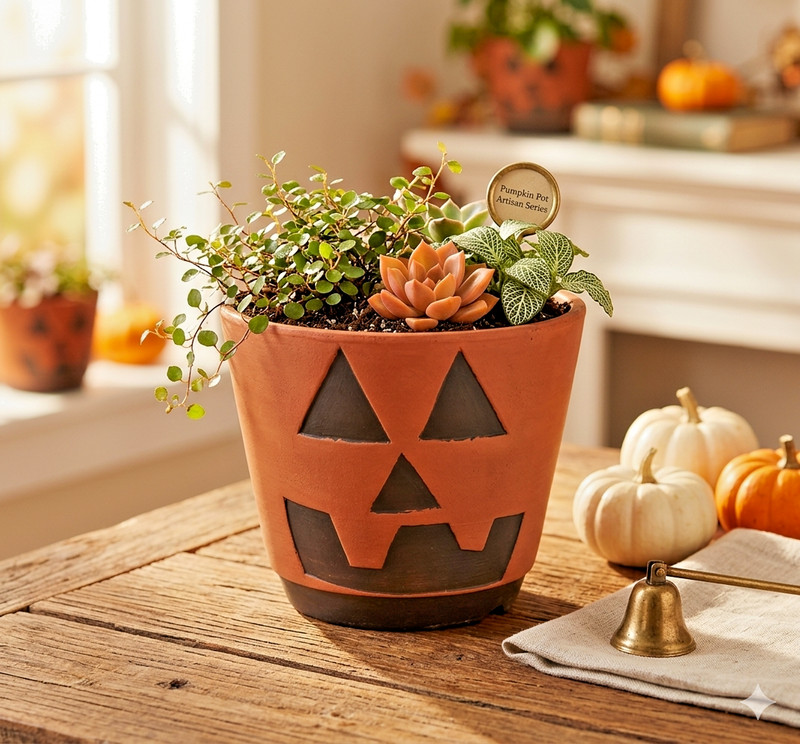 Jack 'O Lantern Pumpkin Halloween Glass Hand Painted Succulent Pot Candy Bowl