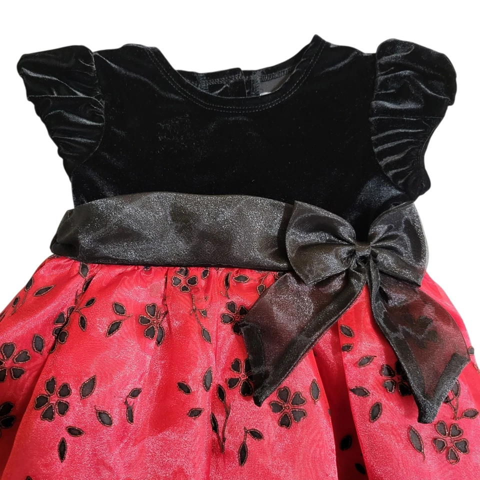 Редкие издания праздник вечеринки платье ребенка ясельного возраста 24 М красный цветочный черный бархат бант - Изображение 2 из 4