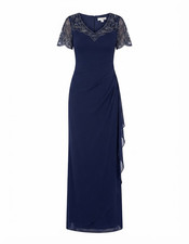Xscape Elegant Shimmery Beaded Sheer-Sleeve Jersey V-Neck Dress Navy 16