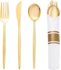 SUT 50 Pack Pre Rolled Silverware Set Disposable, 200pcs Gold Plastic Utensil...