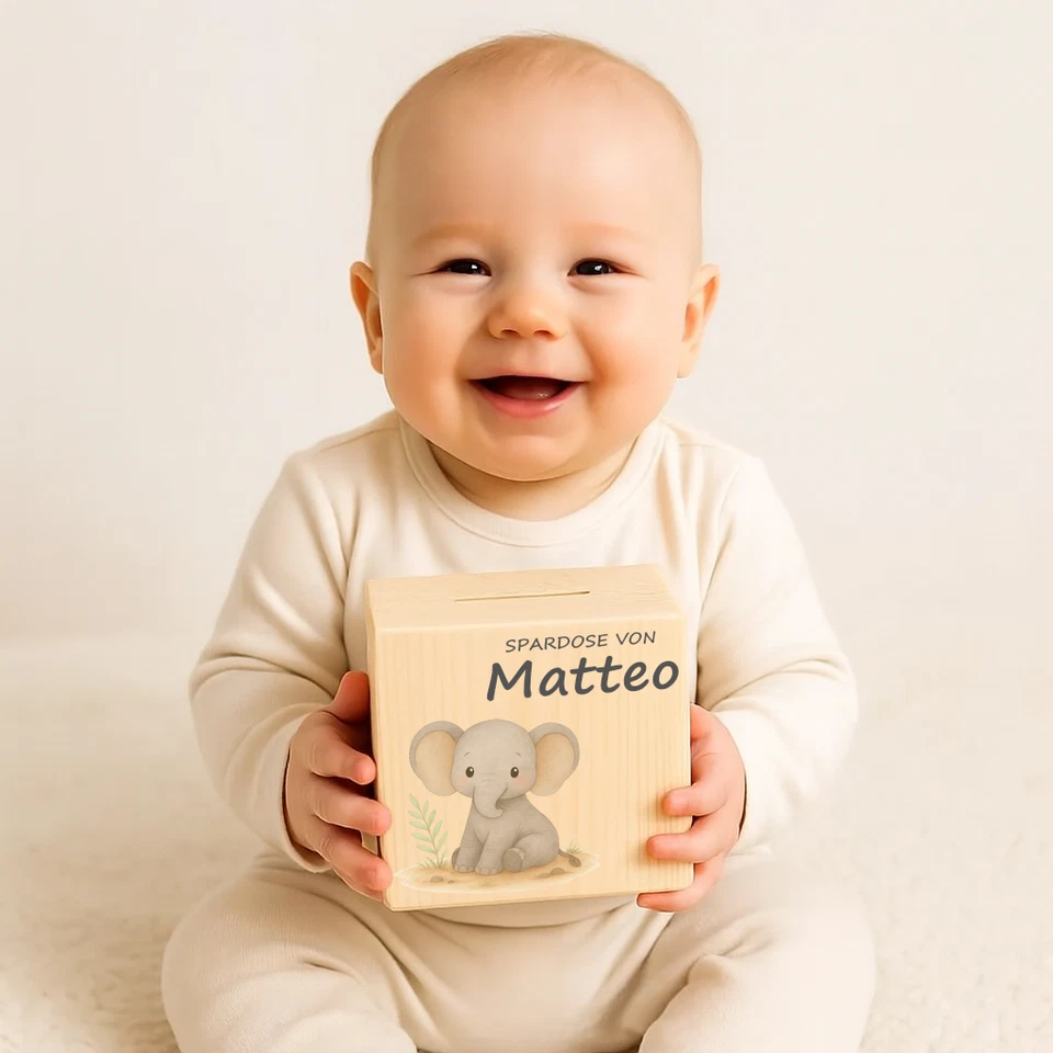 Money Box Safari Animals Personalised Wooden Name Gift Christening Birth Baby Box - Image 3 of 4