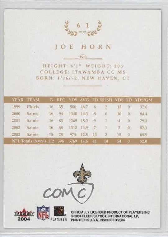 2004 Fleer inScribed Black Border Gold /199 Joe Horn #61 - Image 2 of 2