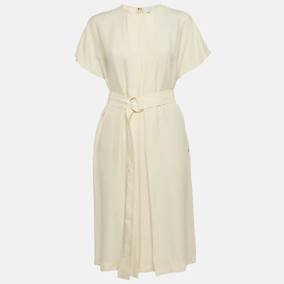 Burberry Off-White Crepe Belted Midi Dress S