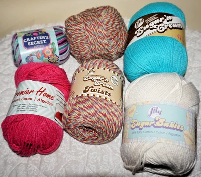 7 Balls, Lily's, "Sugar & Cream", Solids, Twists, Babies, & More, Cotton Yarn - Image 1 of 4