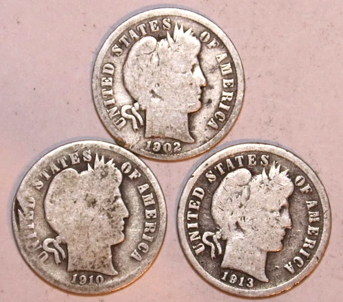 (3) Barber Dimes - 1902 1910 1913 - Good/Very Good - #1595SCB - FREE SHIPPING