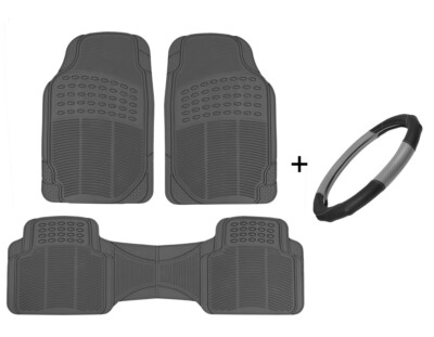 Car Floor Mats + Leather Steering Wheel Cover Set Made to Trim Universal Fit
