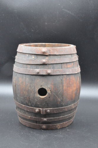 Antique Small Wooden Barrel & EFR Forged Folk Art Collection Bar Bistro 2 - Picture 1 of 6