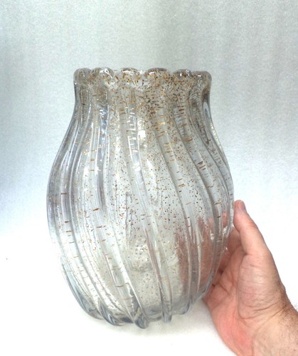LARGE MURANO VENETIAN RIBBED ART GLASS BOWL VASE WITH GOLD - Picture 7 of 7