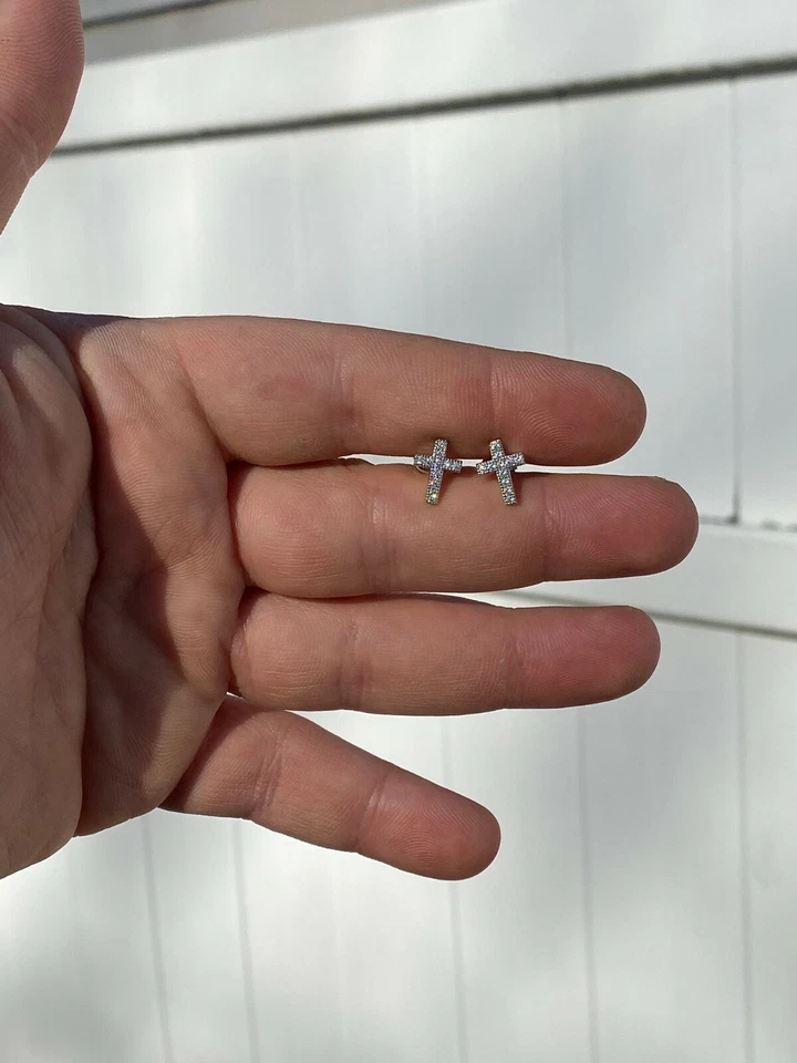 Pendientes cruzados de diamantes simulados de plata de ley 925 real para hombre y mujer Foto 4 de 4