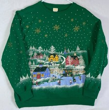 Vtg Holiday Time Christmas Sweatshirt Fleece L Ugly Sweater Village Made in USA