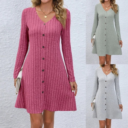 Womens Long Sleeve Button Jumper Dress Ladies Waist Retraction V Neck Dresses - Foto 1 di 13