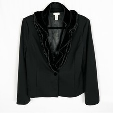Chico s 1 Black Ruffle Velvet Collar One Button Blazer Jacket Women s Medium