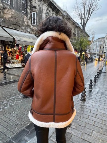 LADIES BROWN VINTAGE B3 PREMIUM SHEEP LEATHER AVIATOR JACKET THICK WARM FUR COAT - Picture 5 of 6