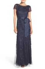 Adrianna Papell New Jewel Embellished Guipure Lace Gown Dress 2 Godet Mesh Navy