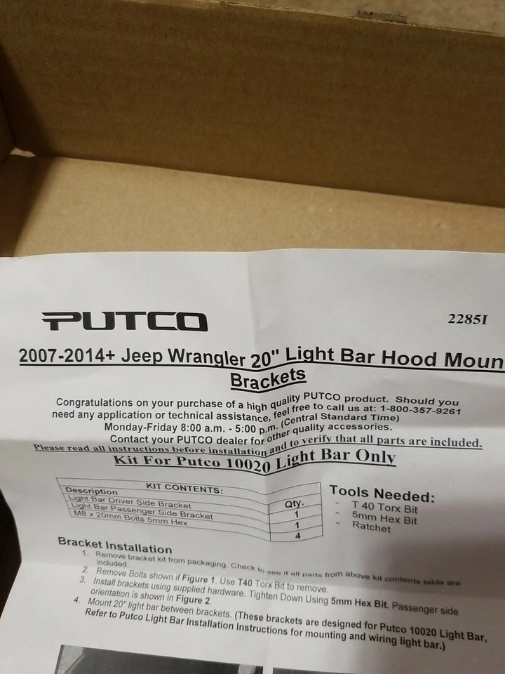 Putco 2285 2007-2014+ Jeep Wrangler 20" Barra de luz Capó Soporte Kit Foto 2 de 4