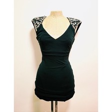 Y2K Vintage $149 NWT Bebe Black V-Neck Beaded Shoulder Bodycon Dress XS