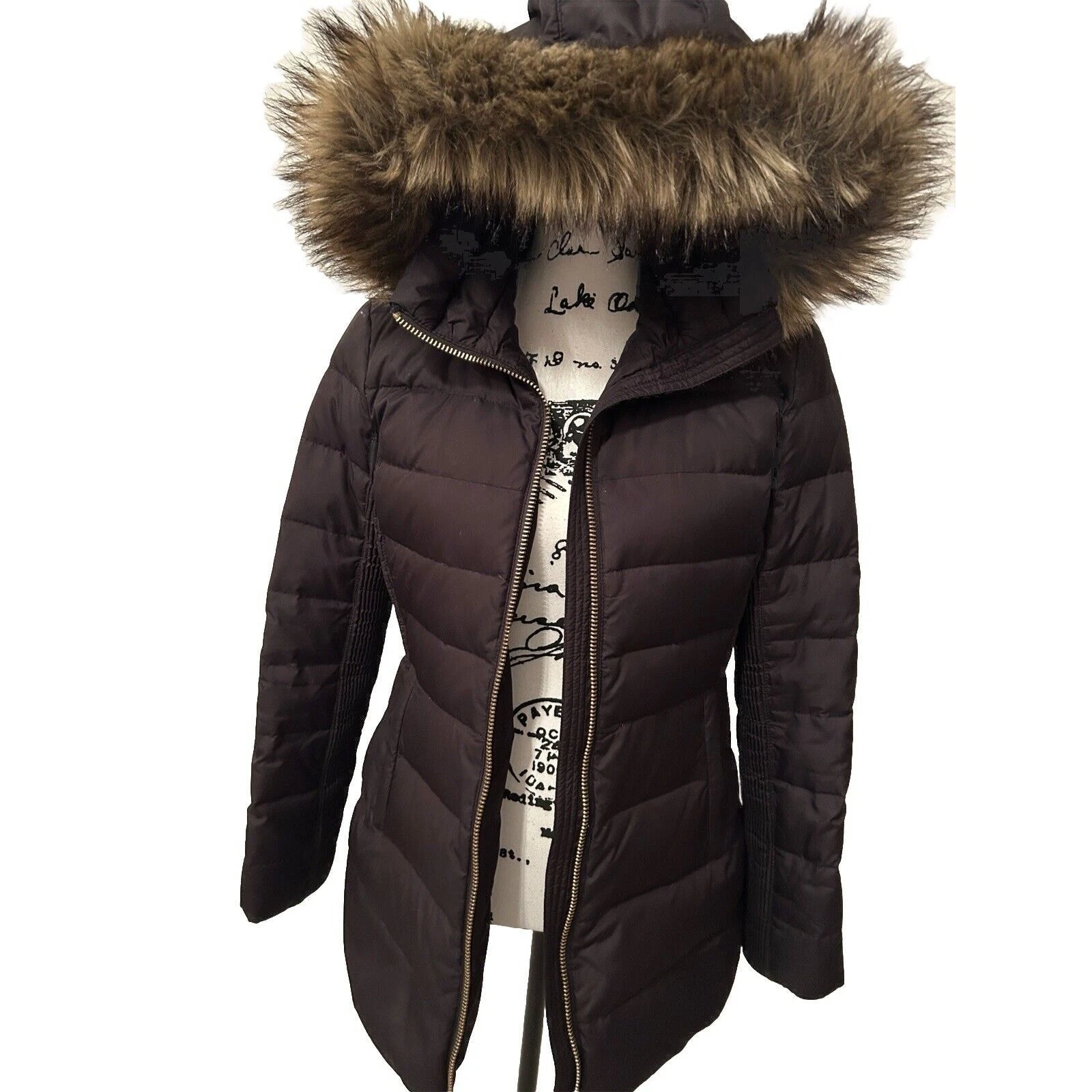 Piumino donna Michael Kors pelliccia sintetica taglia S nero cappuccio staccabile zip davanti