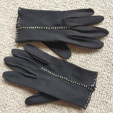 Vtg CRESCENDOE Black Rhinestone Tailored Evening Gloves Womens 7 Pinup Elastic