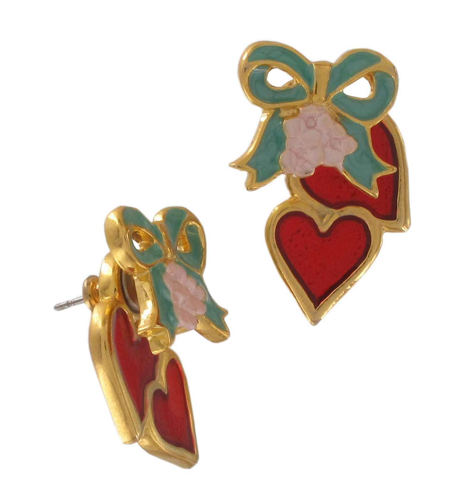 Love & Red Hearts Forget Me Not Bow Earrings Pierced Gold Tone 1"