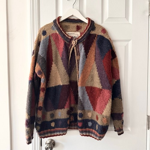 Romney Designs Nepal Multicolored Geometric Handspun Wool Button Cardigan Large
