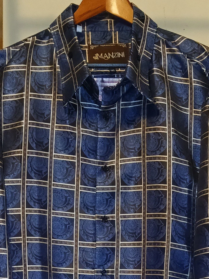 Manzini Shirt Mens 4XL  Gold Blue Geometric Dress  Long Sleeve Cuff Links - Image 2 of 4