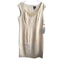 NWT Adrianna Papell Golden Beige Jacquard Beaded Neckline Sheath Dress  Size 14