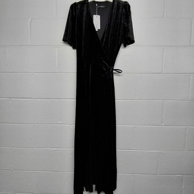 MEROKEETY Velvet Wrap Dress Full Length Womens Size XL Black Elegant 53'' Long