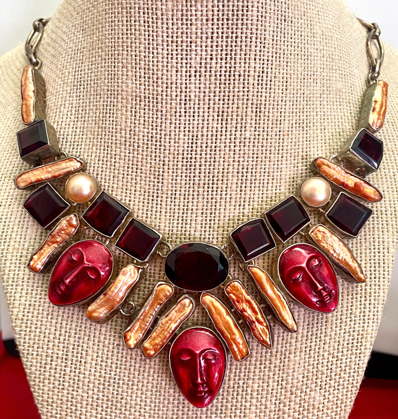 Artisan Silver Plated Statement Necklace Red Crys… - image 7
