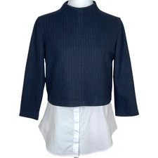 Theory Gracila Melbourne Wool Blend Top Size Large Black Pinstripe 3/4 Sleeve