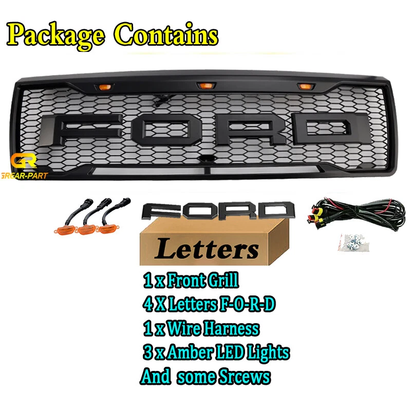 Parrilla para Ford F150 Bronco 1992-1996 capó delantero rejilla con LED y letras negro Foto 2 de 4