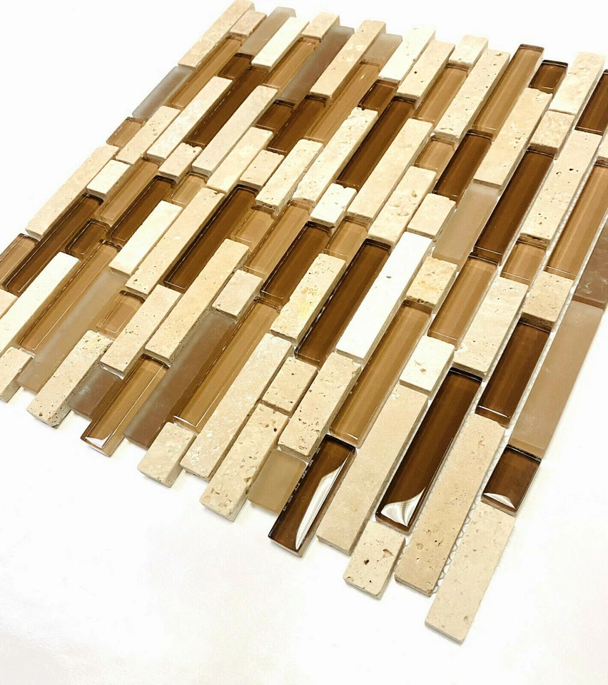 Vidrio de caramelo lineal aleatorio con mezcla de travertino marfil 11-3/4 pulgadas x 12-1/2 pulgadas x8mm Foto 2 de 4