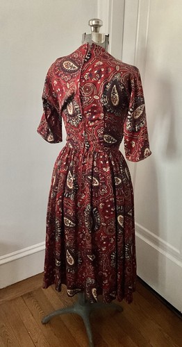 Vintage 50er Jahre Anne Fogarty Burgunder Paisley Kleid mit Wickelmieder - Bild 5 von 7