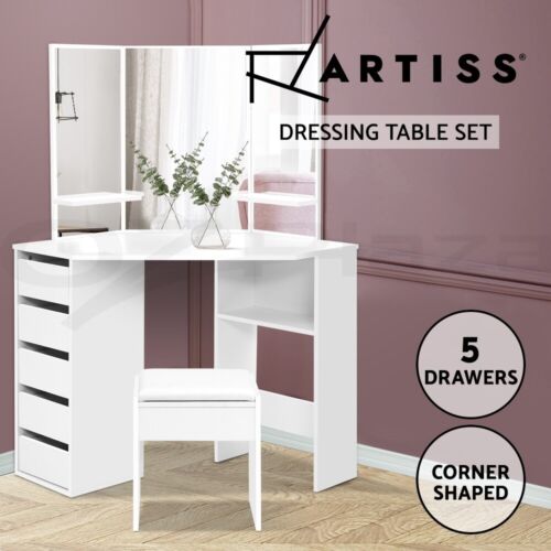 Artiss Corner Dressing Table With Mirror Stool Set Girl Makeup Vanity Desk White - Picture 1 of 10