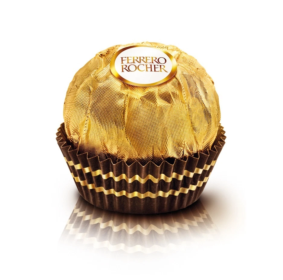 FERRERO ROCHER CARAMELO CHOCOLATE AVELLANA FINA INDIVIDUALMENTE CAJA ENVUELTA EN ORO Foto 3 de 4