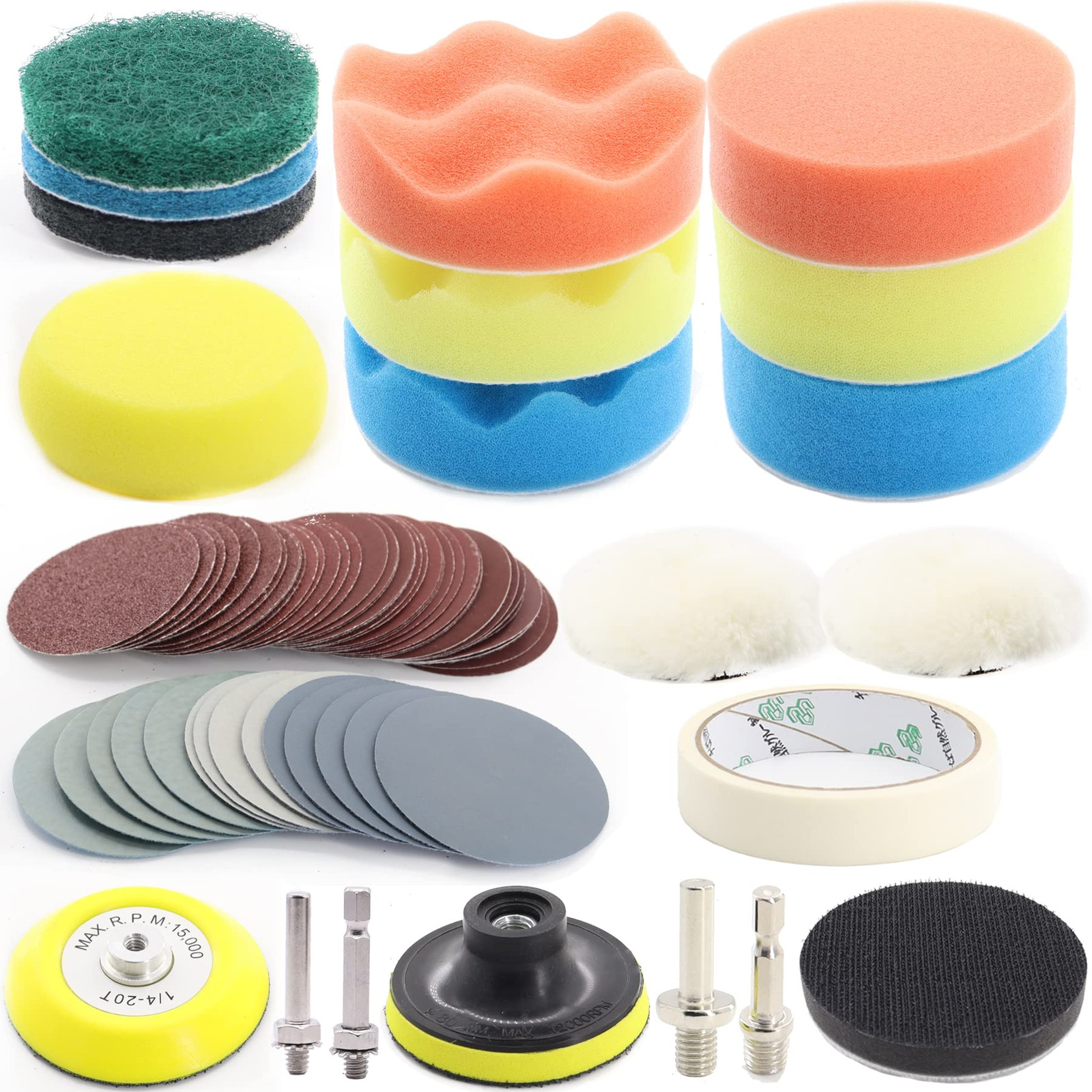 74PCS 3Inch Car Headlight Restoration and Polishing Kit Sanding Discs with 1